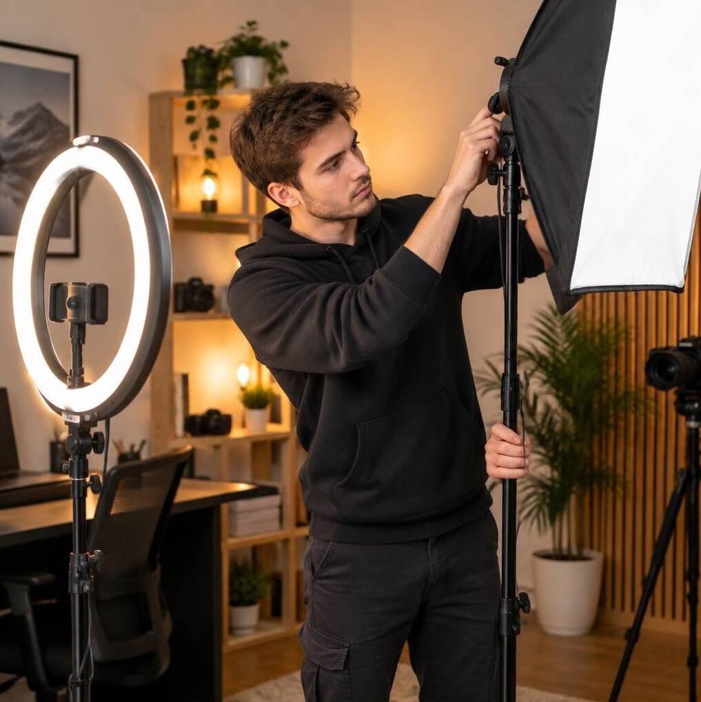 Man adjusting a ring light before filming
