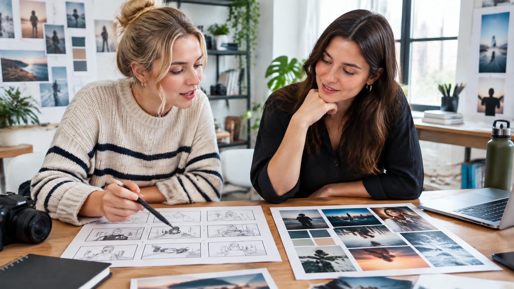 Two women reviewing a storyboard for a reel