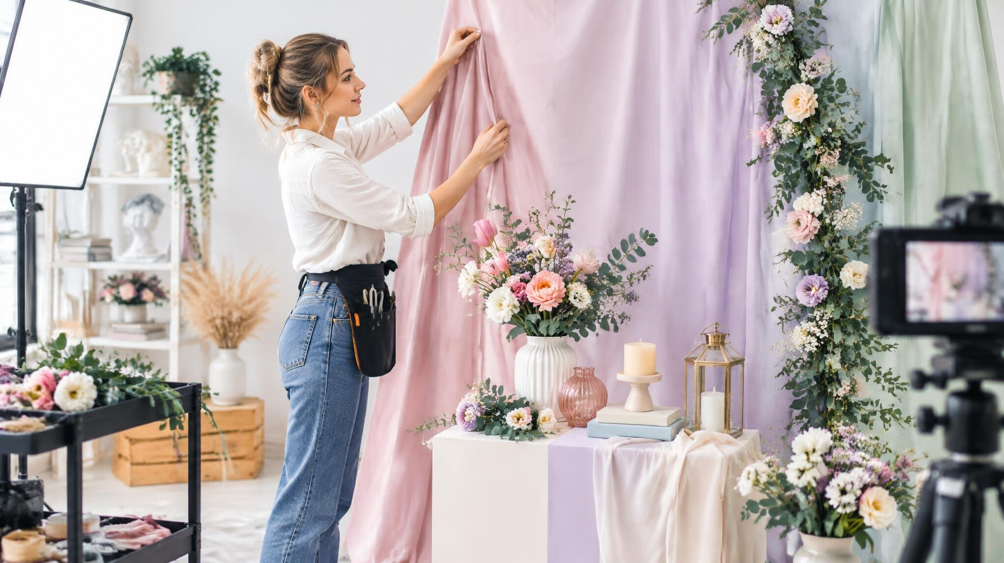 Woman arranging a styled backdrop with flowers and fabric