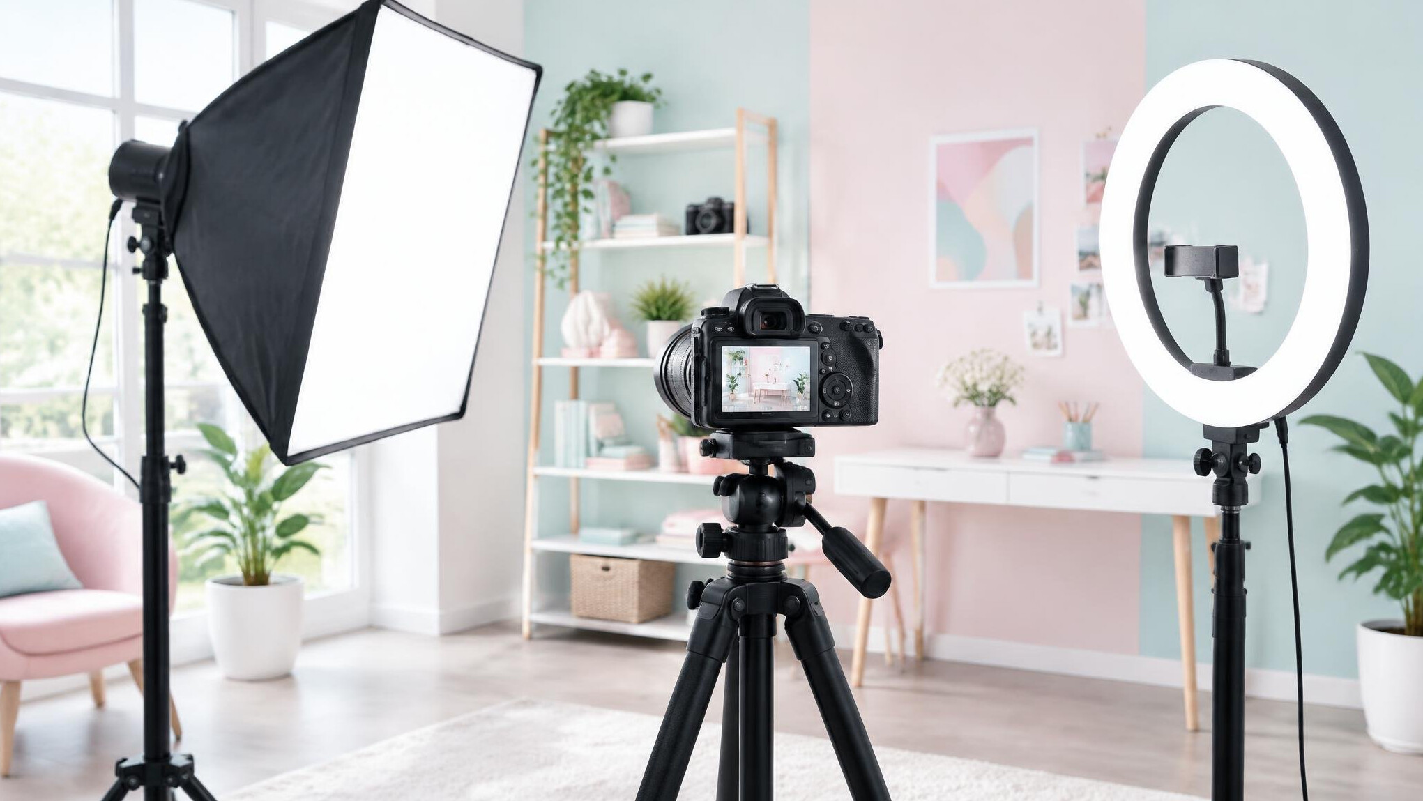 Softbox lighting equipment set up beside a camera on tripod