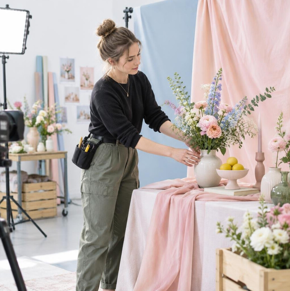 Woman arranging props and decor for a video set