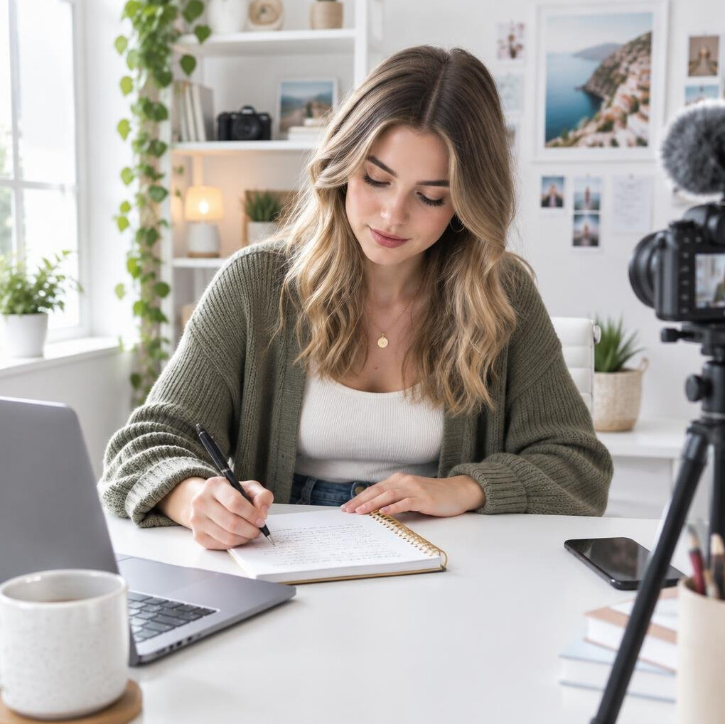 Young Belgian woman writing a content script in a notebook