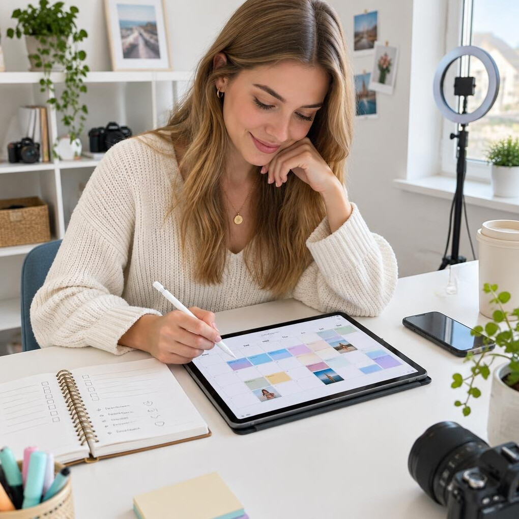 Woman planning a content calendar on a tablet