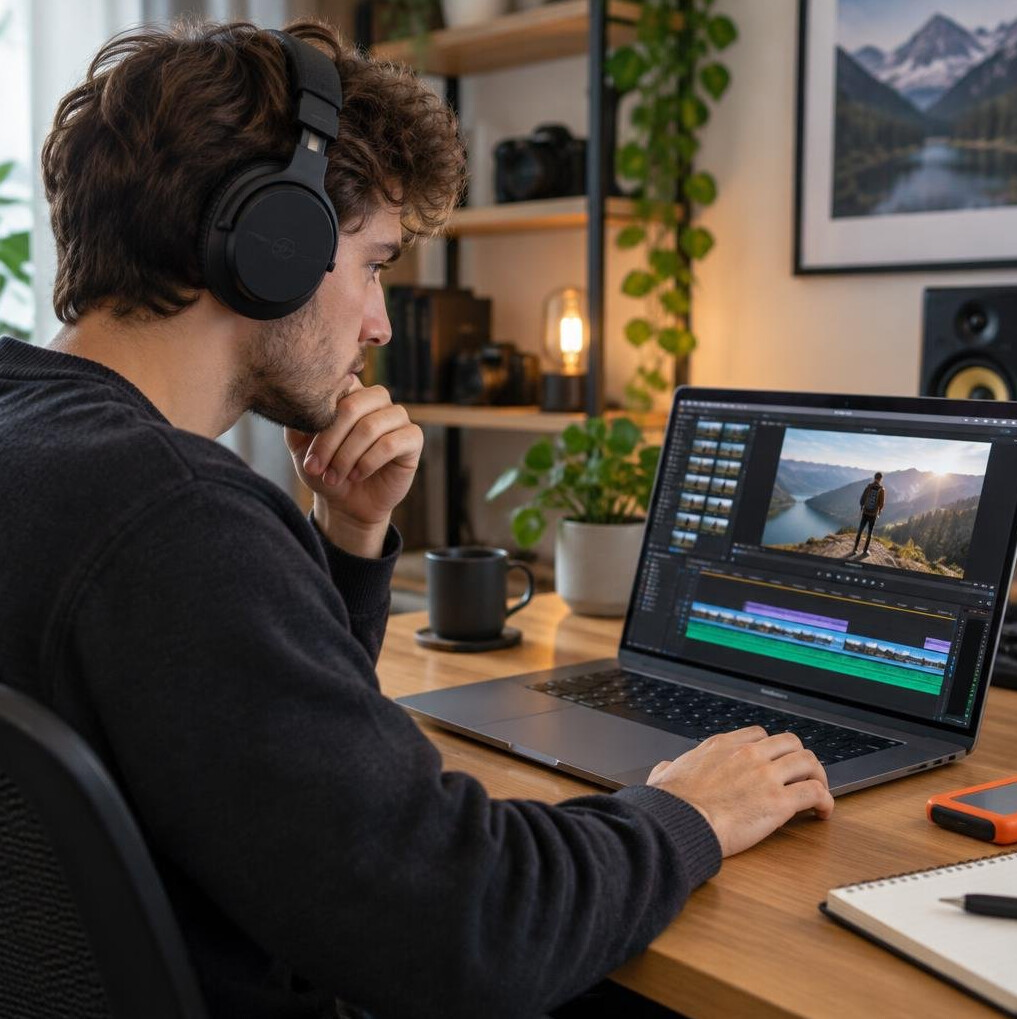 Man editing a reel on a laptop with headphones
