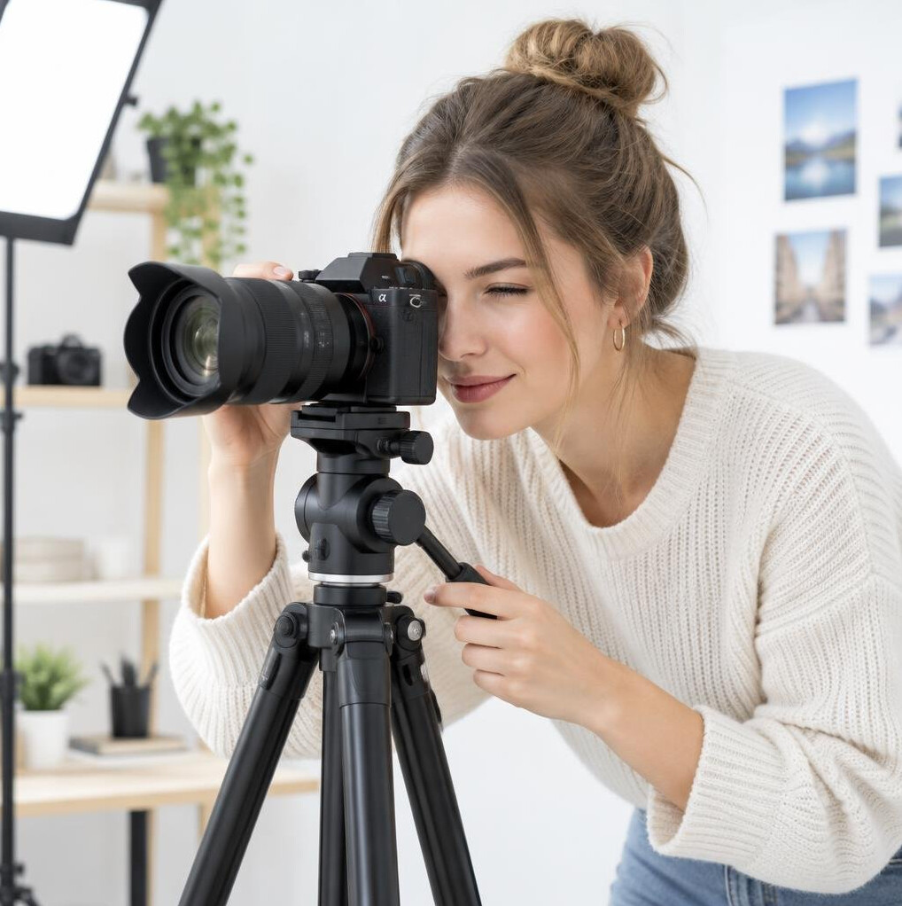 Woman looking through a camera viewfinder to frame a shot