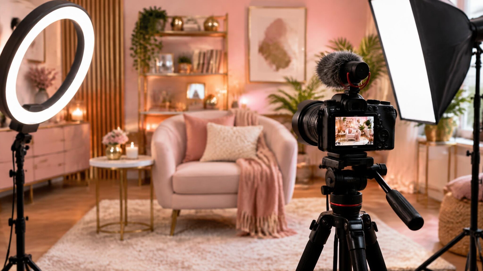 Camera on a tripod filming in a styled home video studio